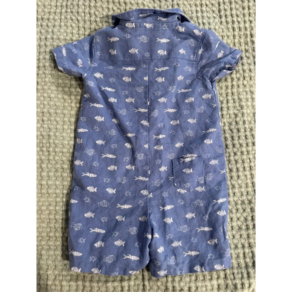 Janie and Jack Blue Fish Print Linen Cotton Blend Romper 6-12M Short Sleeve